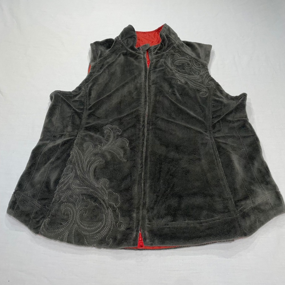 REI Reversible Fleece Vest Womens Large Gray Red Embroidered Full Zip Outdoor